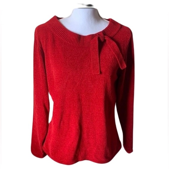 Erika Sweaters - Erika Red Knit Sweater with Bow Detail. Long Sleeve. Elegant & Unique. Medium